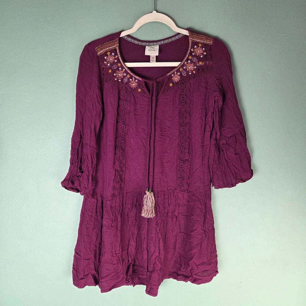 Knox Rose Womens XS Purple Embroidered Lace Tassel Dress Boho Festival Summer